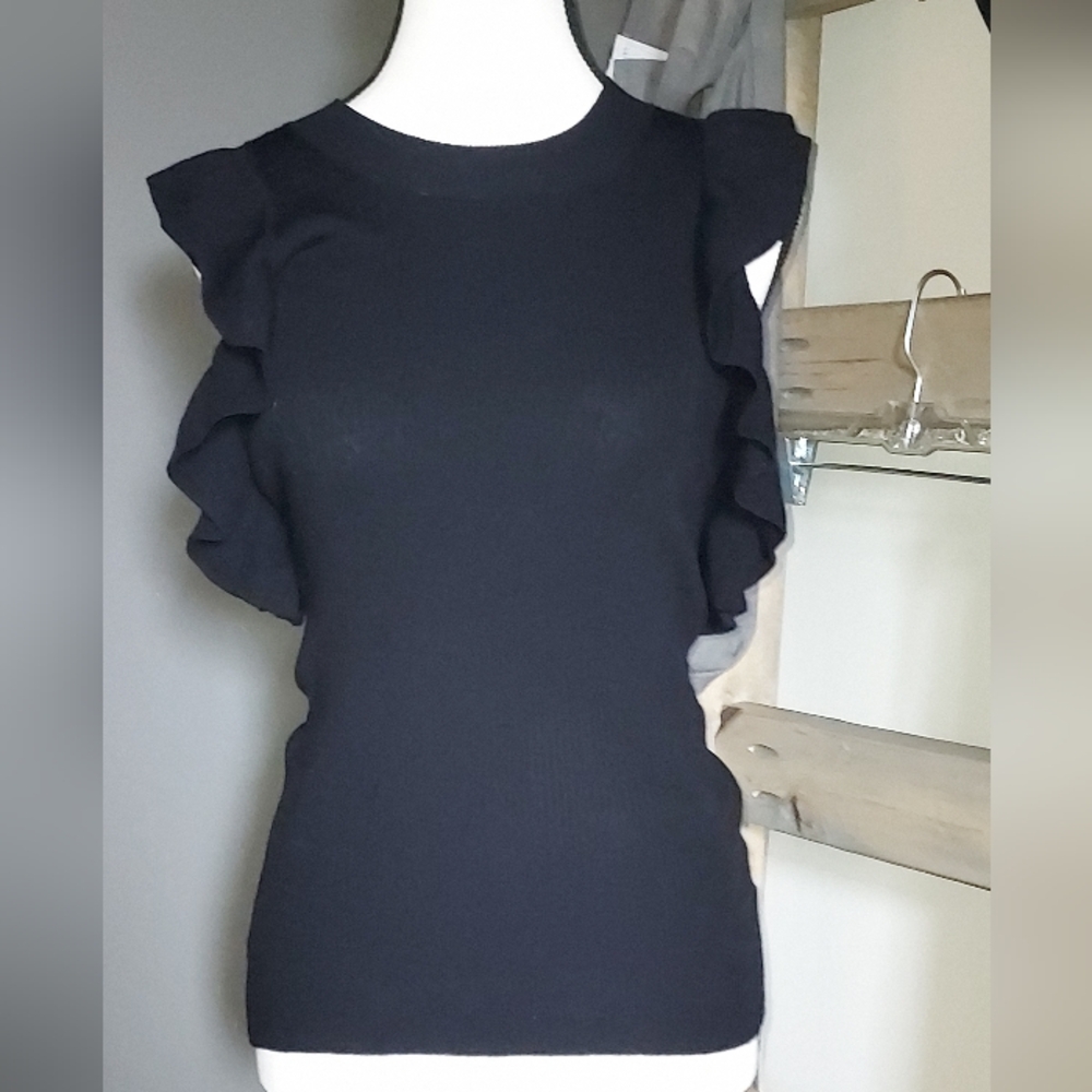 Ribbed Black Ruffle Sleeve Tank Top Size M - Picture 2 of 6